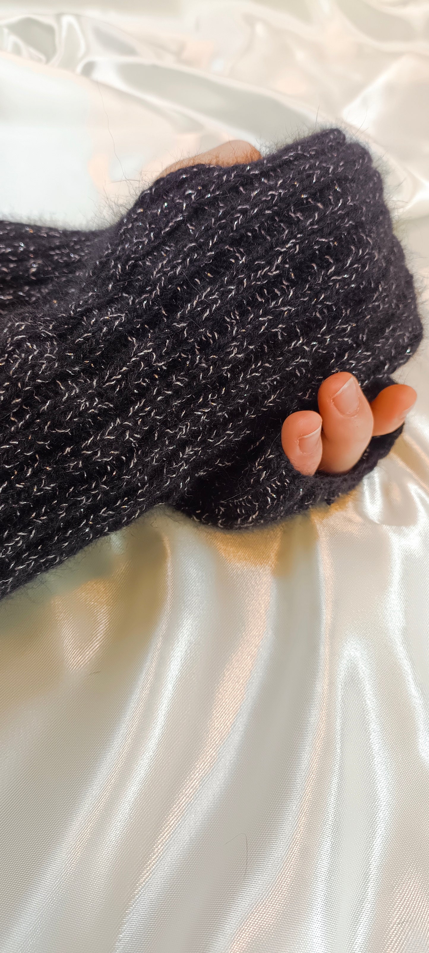 Black angora and merino mittens with lurex