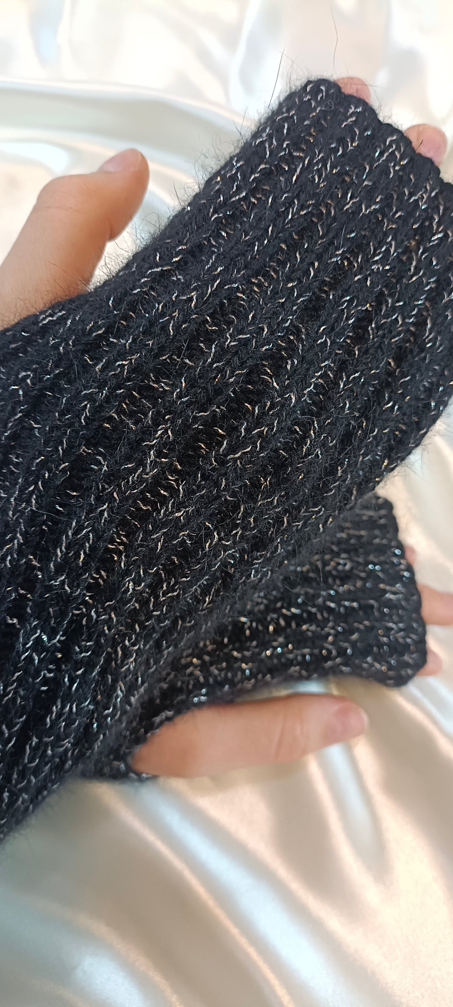 Black angora and merino mittens with lurex
