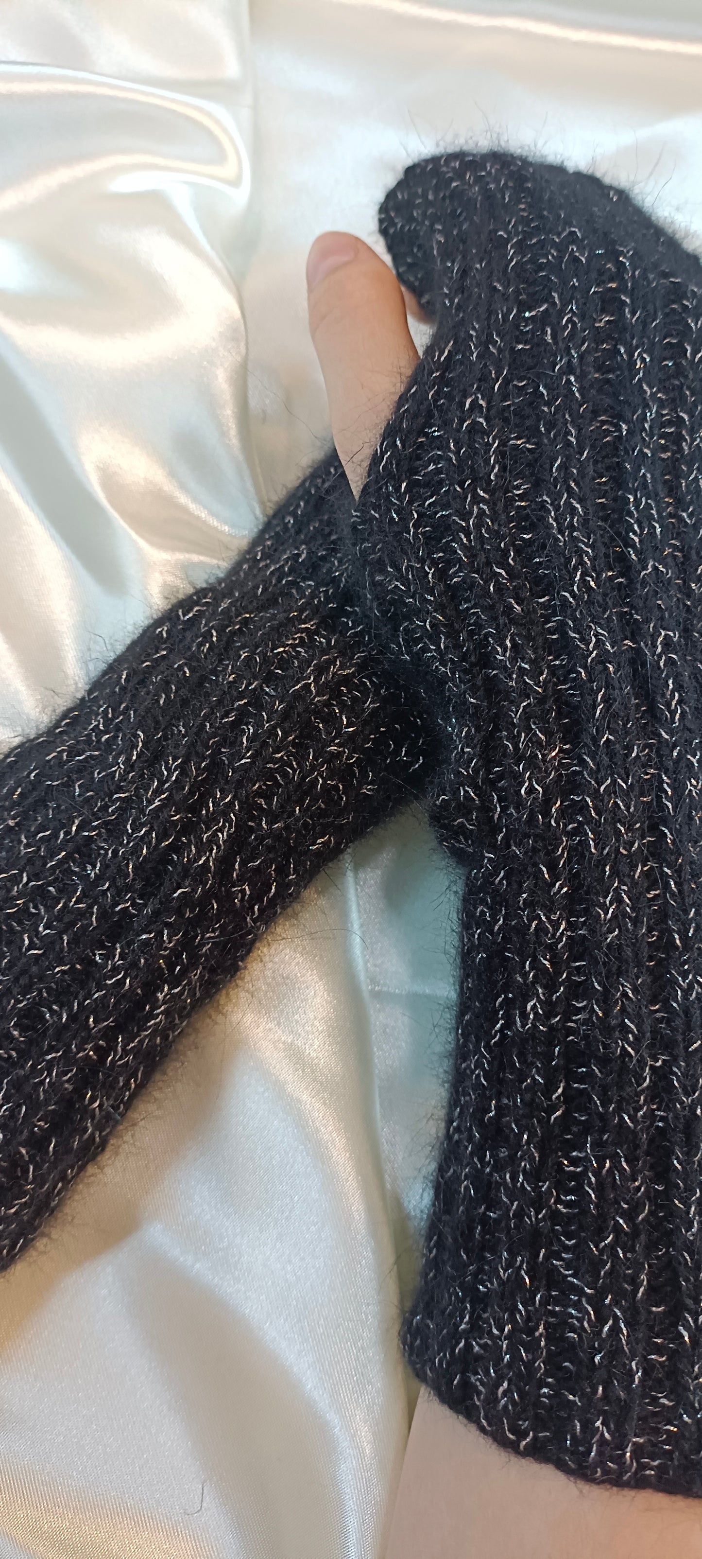 Black angora and merino mittens with lurex