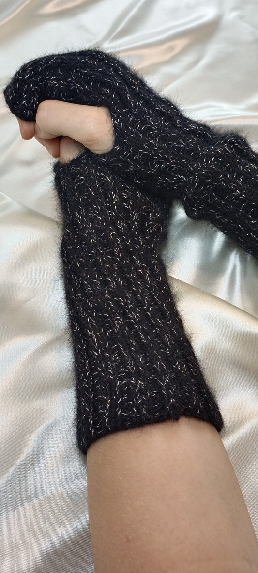 Black angora and merino mittens with lurex