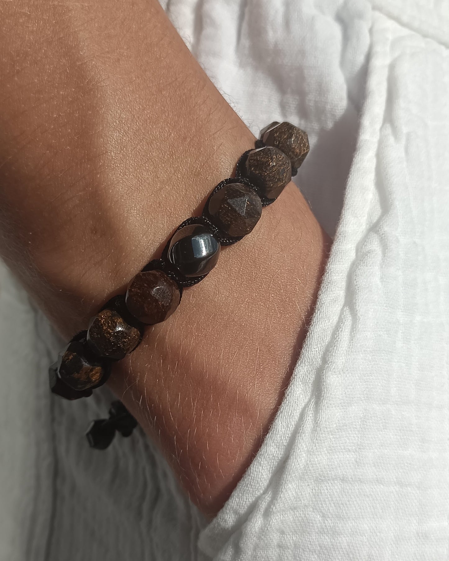 Faceted Bronzite Men's Bracelet with Hematite